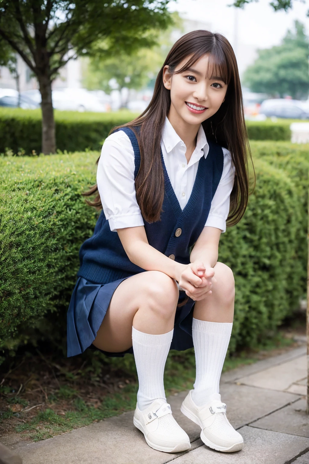 Pure Japanese  girl, sexual attractive, outstanding body, beautiful legs, wearing loose uniform, socks, loafers, panty, sweet smile, sitting on bench, refreshing in early summer park, composition from the front, 