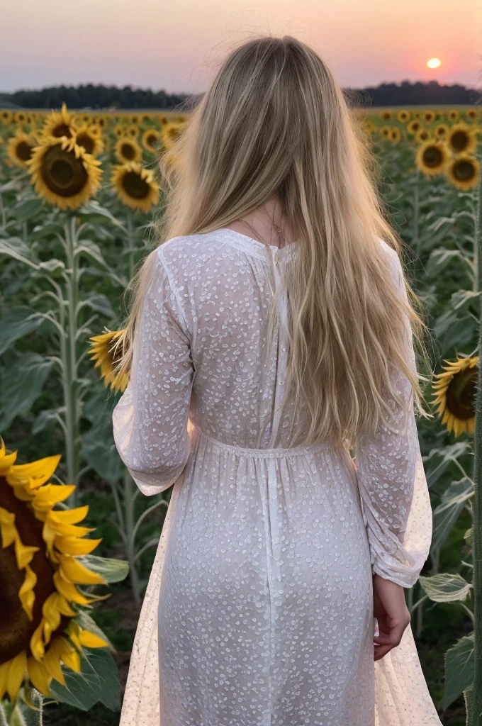 A 18-year-old blonde woman, ((hiperrealismo))textured skin, goosebumps, perfect eyes. Blonde hair with light brown roots. cabello rubio, Hair with brown roots, extra long hair, really long hair. photo taken with iPhone, Porta 160 color. Provocative pose. Skinny small girl. Sunflowers field background, but sunflowers. Wearing pretty white nightgown, wearing white nightgown, long sleeves. Back view of the body and head, as she watches the pink sunset. BACK VIEW