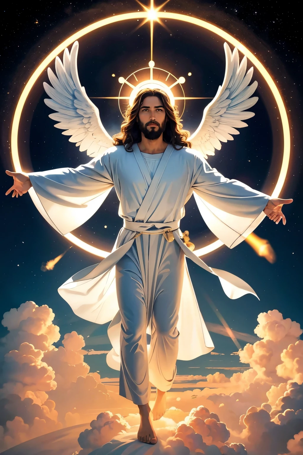 Please create a picture of Jesus in the center, with open arms, flying in the clouds with power and great glory. He must be dressed in long white clothes and surrounded by radiant light. Also, include angels descending from heaven and blowing trumpets around him.