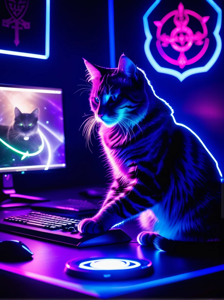 Long exposure photograph of ((photograph:1.2)), Cat Combat Wizard, Runic sword and shield, Dramatic lighting, Dynamic pose, Dynamic Camera, masterpiece, Highest quality, Purple and Blue Neon Light Gaming Computer Desk、Multiple monitors and keyboards, サイバーNeon lighting, Neon lighting,