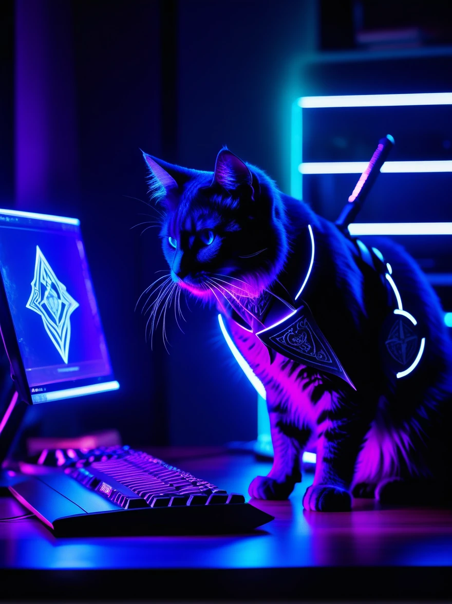 Long exposure photograph of ((photograph:1.2)), Cat Combat Wizard, Runic sword and shield, Dramatic lighting, Dynamic pose, Dynamic Camera, masterpiece, Highest quality, Purple and Blue Neon Light Gaming Computer Desk、Multiple monitors and keyboards, サイバーNeon lighting, Neon lighting,