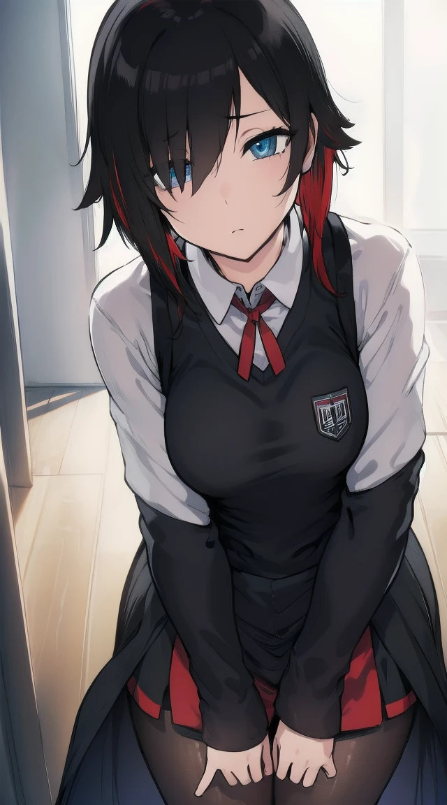 1girl,((black red multicolor hair)),((grey eyes ))
BREAK (( flat breasts, hair ribbon, thighs, , ruby rose, black hair, short hair,ruby_rose, boots, pantyhose,t
:1))
BREAK ((blank eyes, highschool uniform, mind control,:1.4))
BREAK indoors,
BREAK looking at viewer,
BREAK (masterpiece:1.2), best quality, high resolution, unity 8k wallpaper, (illustration:0.8), (beautiful detailed eyes:1.6), extremely detailed face, perfect lighting, extremely detailed CG, (perfect hands, perfect anatomy),