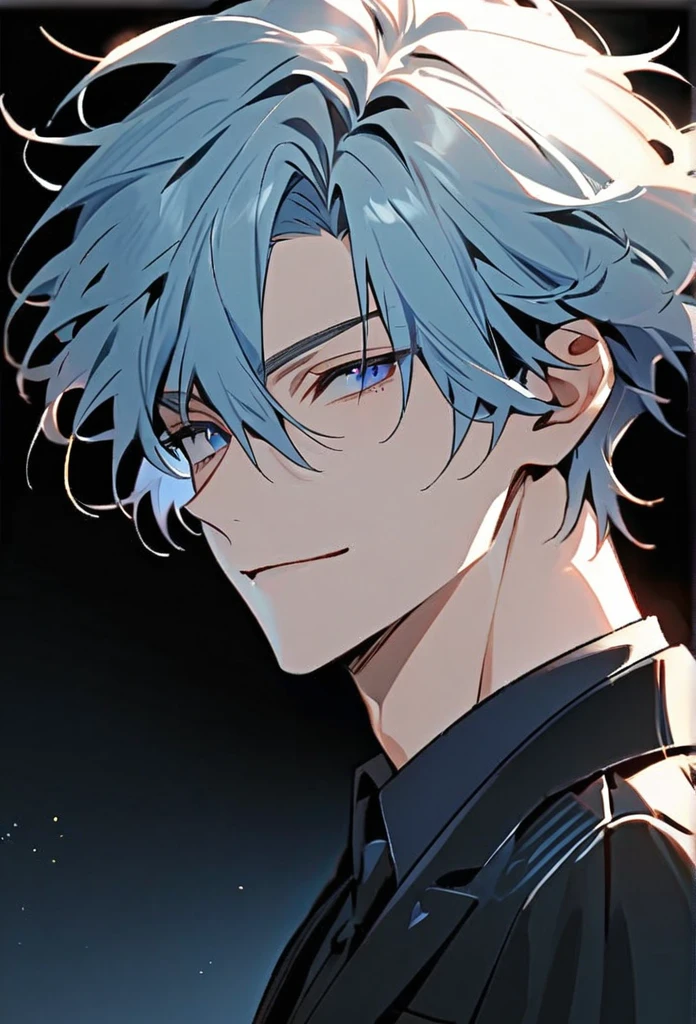 Handsome, solo, 1 man, light blue hair, dark blue eyes, side smile, 28 years old youn man, black uniform suit