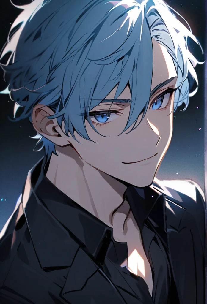 Handsome, solo, 1 man, light blue hair, dark blue eyes, side smile, 28 years old youn man, black uniform suit