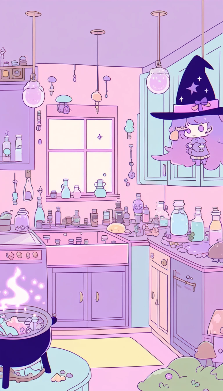 cute, witchy, kitchen, with bubbling cauldron, light colors, pastel colors, potions, books, magical mushrooms