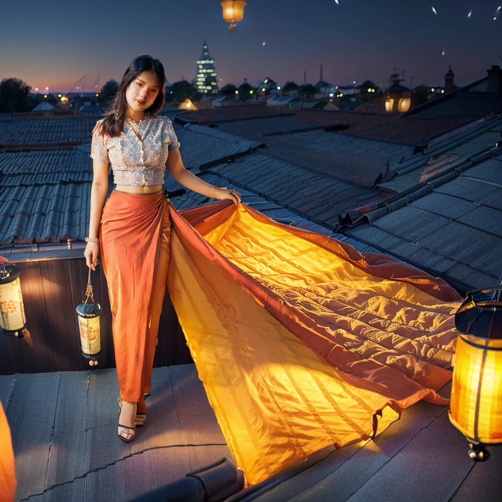 Burmese beautiful woman, 1 girl, solo, pretty lady MoonLay, innocent cute smile, red lips, (stylishly and seductive posing and looking to the sky pose:1.5), (night:1.5), smooth face skin, traditional beauty, cinematic portrait glow lighting, traditional dress, in a white shirt and red skirt, high heel, (full body view:2), (two story building rooftop balcony with vibrant colorful hanging lanterns with small townscape background:1.5), (cinematic bokeh deep blur background:1.5), cinematic lighting, perfect anatomy,