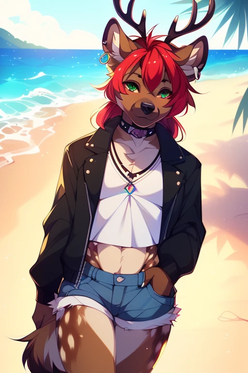 ((nsfw)) Solo, A cute anthro, (((half hyena half deer))), male, (cute snout:1.2) full body, ((by hyattlen, by fumiko, ((by zackary, by fumiko)), solo, anthro, male deer, deer antlers, Bright brown fur body, ((brown ears)), red hair, mullet, detailed eyes, (heterochromatic eyes), diferent color eyes, one red eye and one green eye, bright white neck, dark hyena spots, white fawn spots, white chest, perfect drawn tail, hyena arms, hyena paws, deer tail, cute deer tail, small fluffy tail, soft and warm chest, fluffy chest, verry fluffy body, smirk, toned body, great anatomy, femboy jock, big ass, thick thighs, looking at the viwer, bedroom eyes, half lidded eyes, well drawn hands, earrings, eyebrow piercing, good anatomy, detail, (full body), sexy pose, seductive pose, dynamic pose, wearing a cropped jeans jacket over a cropped crochet shirt and tiny jeans shorts with flip-flops, pink yellow blue white gray and black color scheme, rainbow flag, walking in the Ipanema sidewalk next to the beach,