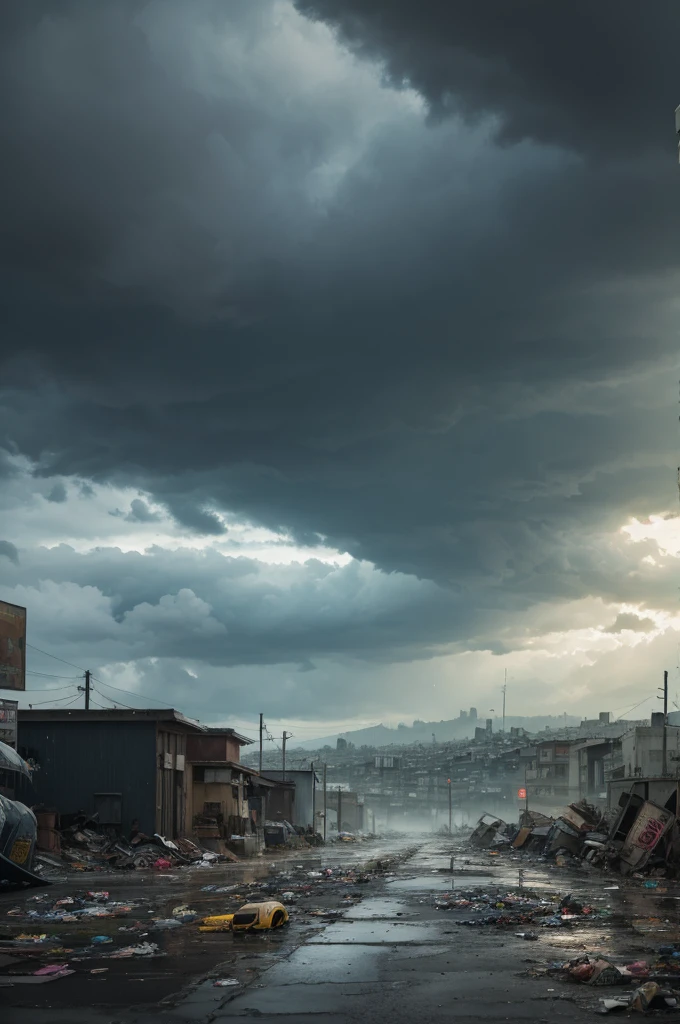 Chao apocalyptic world made of trash and rain clouds