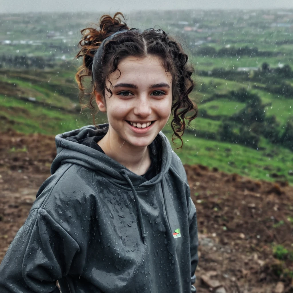 Black Curly bun hair pale skin kurdish girl in sweatshirt standing on hill in country raining dirty smiling naughty