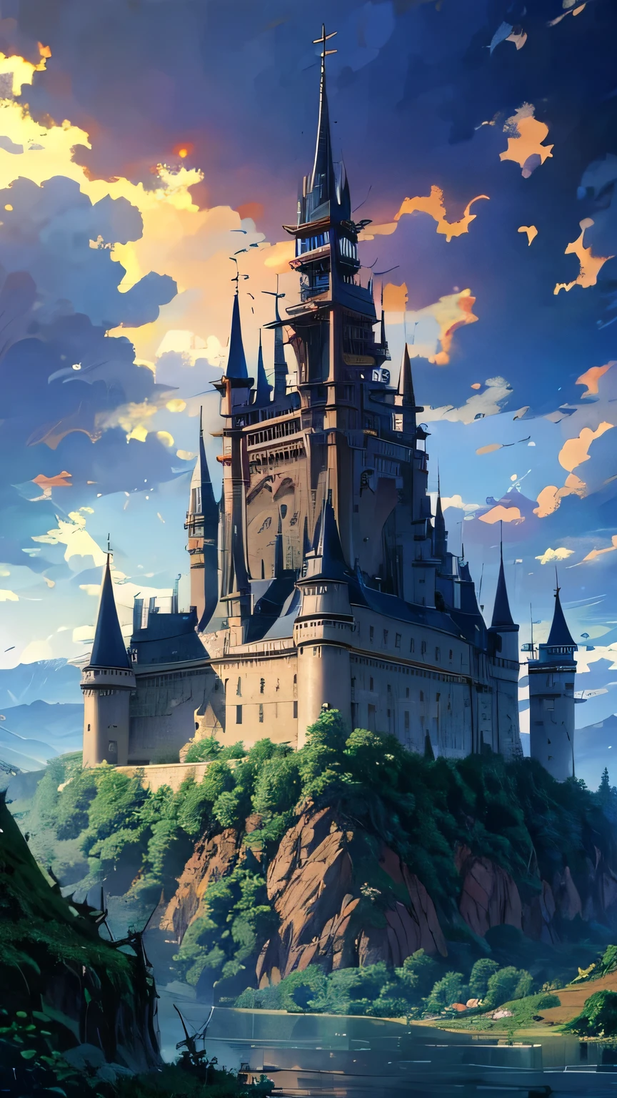 A close-up of a castle covered in thorns。A close-up of the fantastic castle, the symbol of Anime Village, with the mountains in the background, A place that is closed off by thorns and cannot be approached、Dark Image、Bats fly in the sky、medeival dark town, Mountain fortress city, Fanta detailed fantasy digital art, Dark Magic Town, detailed digital concept art, A castle inhabited by monsters