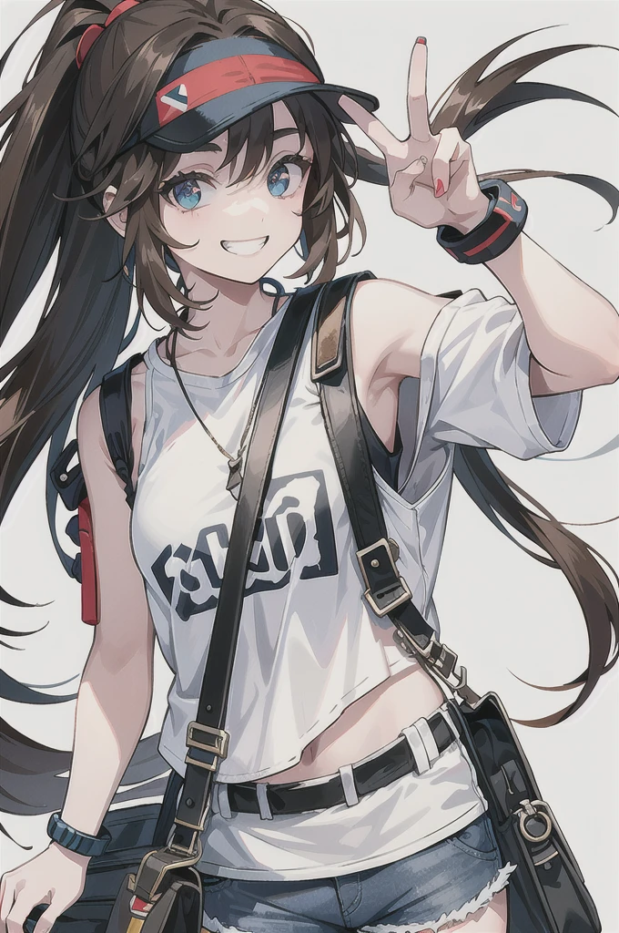 This character is a young girl with long brown hair tied in a high ponytail. She wears a white cap with a red symbol, a white tank top, a black sleeveless jacket, ripped denim shorts and black bracelets. She also has a gray shoulder bag. Her eyes are big and blue, and she makes a peace sign with her left hand, while smiling