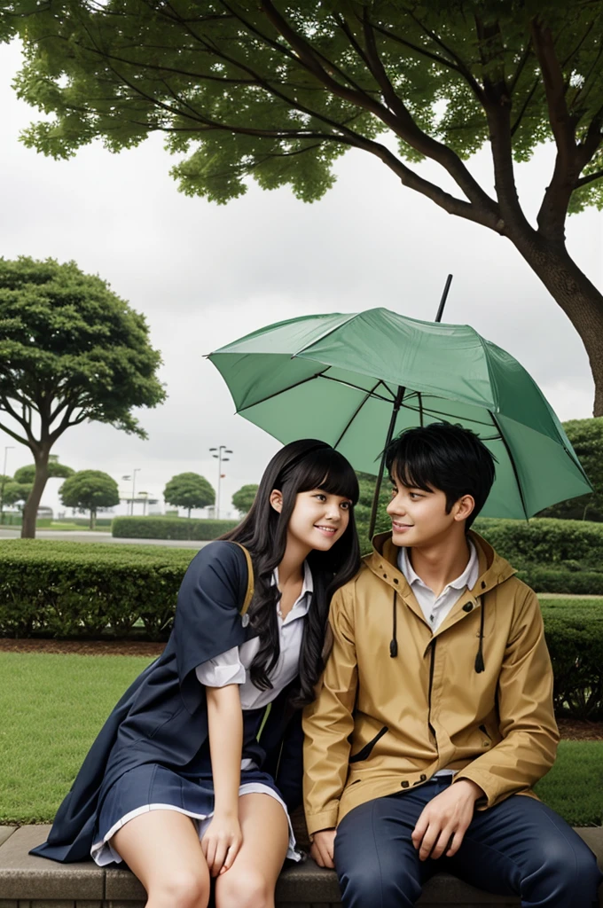 A young woman and a young man, both students under a tree covering themselves from the rain in anime