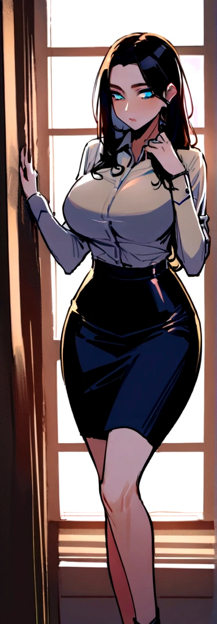 wearing a shirts,skirt by the、nffsw,best qualtiy:1.4, ​masterpiece:1.8, 1 Women, hips up high, beautidful eyes, The long-haired, Ringed Eyes, jewely, large full breasts