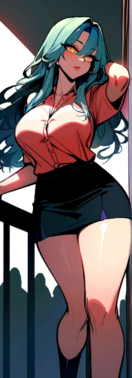 wearing a shirts,skirt by the、nffsw,best qualtiy:1.4, masterpiece:1.8, 1 Women, hips up high, beautidful eyes, The long-haired, Ringed Eyes, jewely, large full breasts
