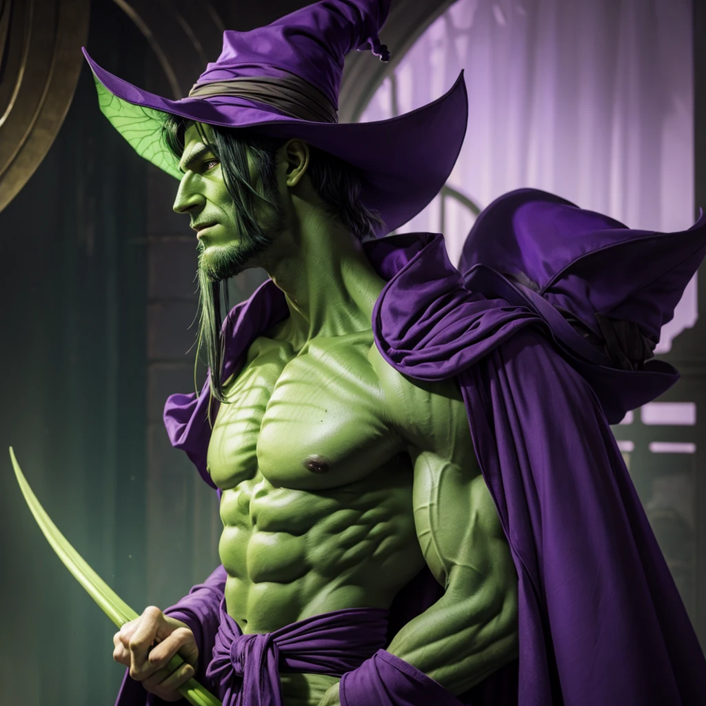 A human monster, tall, green skin, long nose, bat wing, purple long robe, purple hat,