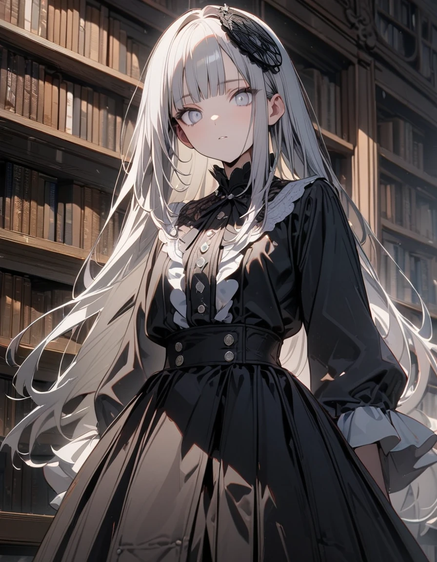 (8K, best quality, master piece: 1.2), super high resolution,1 girl,独奏,16yo,ultra-detailed face,detailed eyes,silver eyes,Three white eyes,blunt bangs,silver hair,Straight Hair,Long Hair,long sleeve petal collar blouse,black Fascinator,Tiered skirt,expressionless,lash extension,parted lips,Bookshelf in the background,Cowboy Shot,library