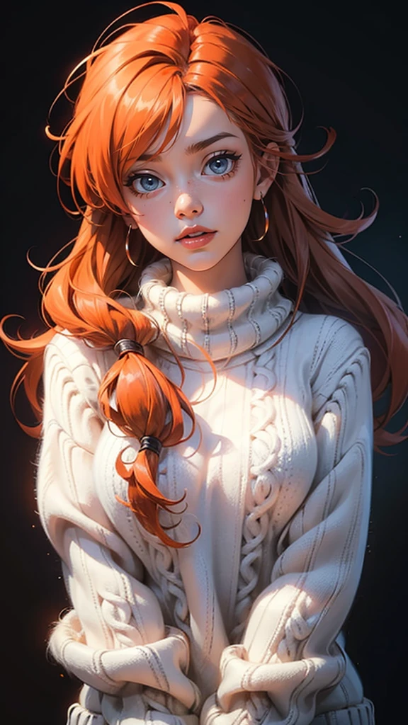 masterpiece, high quality, Fr3ckles, freckles, long hair, ginger hair, grey eyes, 1girl, ult4s0ft, knitted sweater, fuzzy sweater, upper body