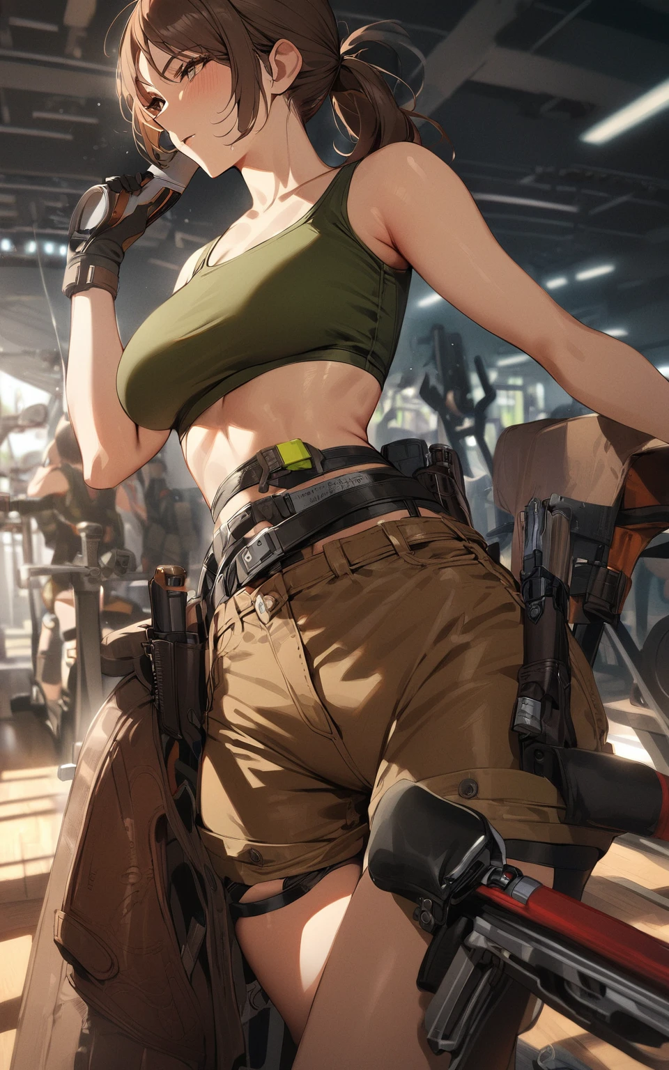 Masterpiece, best quality, 1girl, Lara Croft, classic tomb raider, olive crop top, gun holsters, brown shorts, Hometrainer in a gym, saddle 