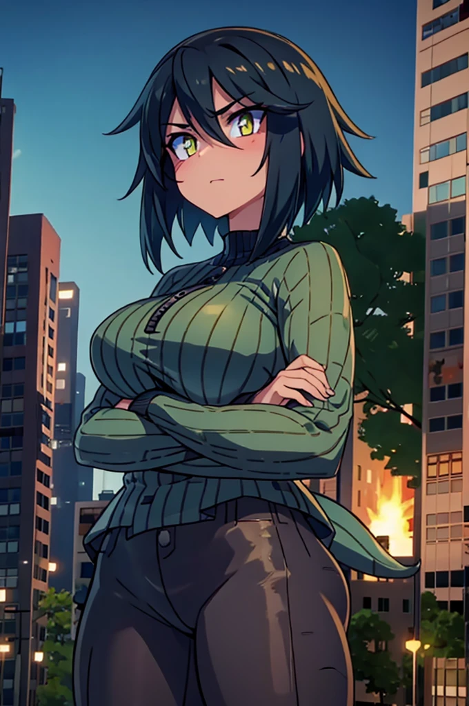 3d, godzilla chan, reptile tail, giantess, towering over a city, massive breasts, green short hair, golden eyes, on a street, massive oversized breast, tank top, giatess
