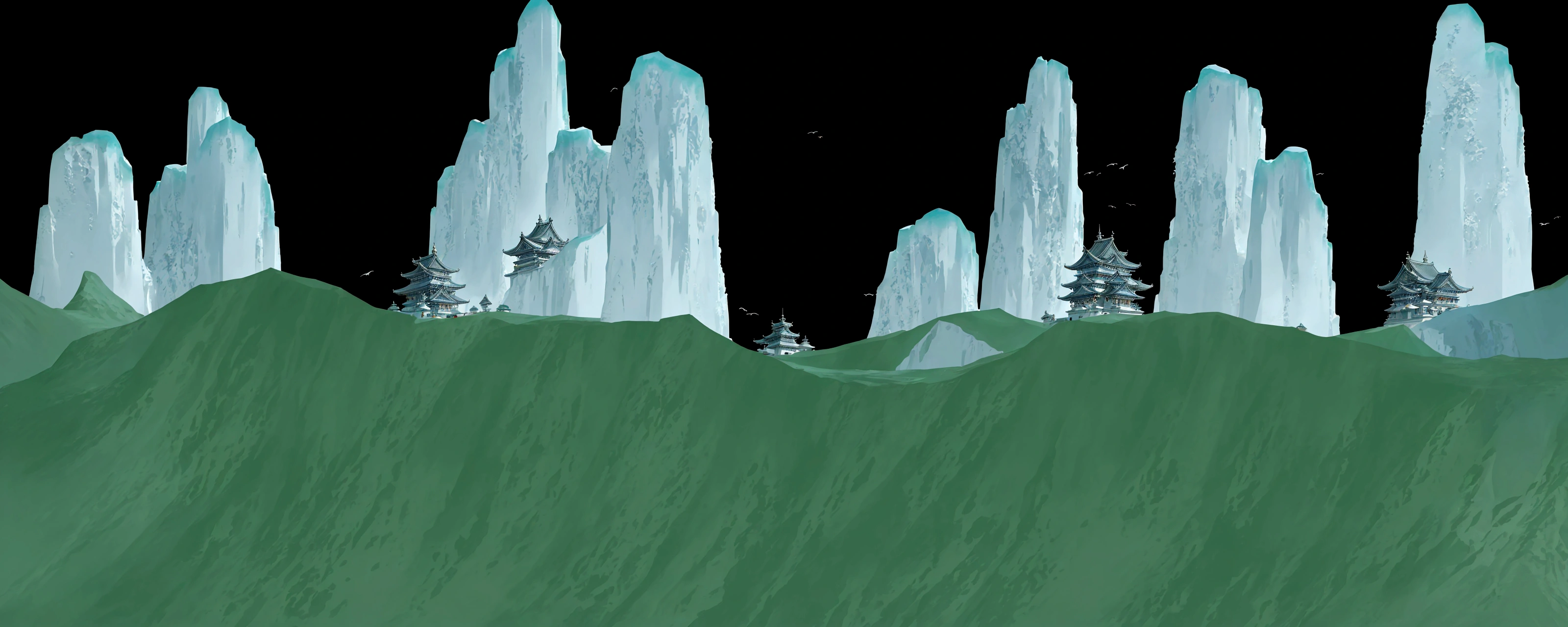 there are many icebergs in the middle of a green field, icey tundra background, floating mountains, avatar landscape, zen temple background, island background, ice mountains in the background, pillars of ice background, temple background, cave background, rocky environment, dojo on a mountain, background fortress, background aerial battle, distant village background, ice mountains afar, magical battlefield background