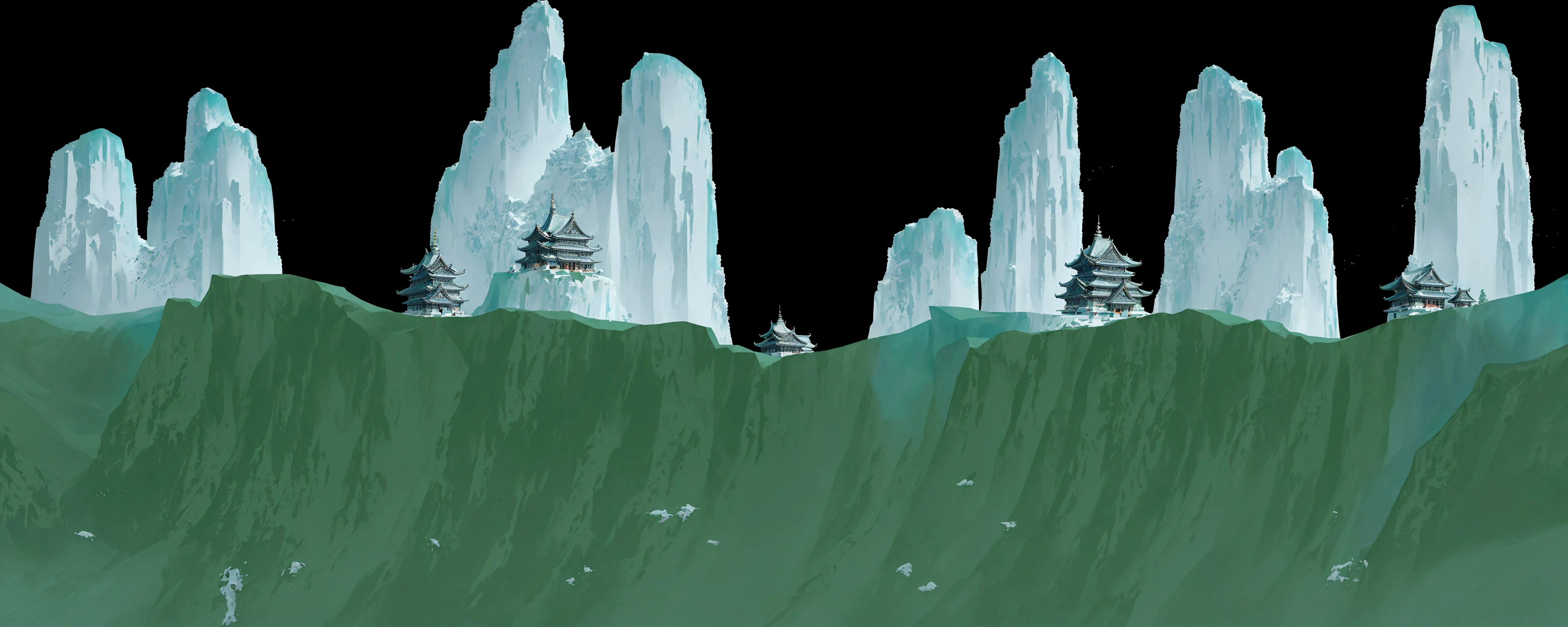 there are many icebergs in the middle of a green field, icey tundra background, floating mountains, avatar landscape, zen temple background, island background, ice mountains in the background, pillars of ice background, temple background, cave background, rocky environment, dojo on a mountain, background fortress, background aerial battle, distant village background, ice mountains afar, magical battlefield background