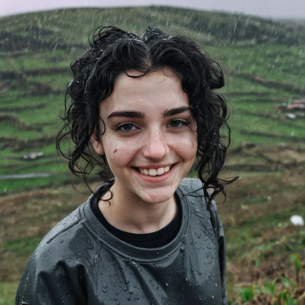 Black Curly bun black hair pale skin kurdish girl in sweatshirt standing on hill in country raining dirty smiling naughty