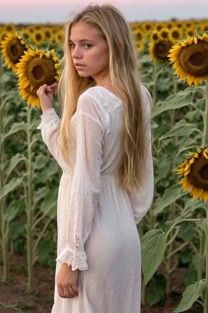 A 18-year-old blonde woman, ((hiperrealismo))textured skin, goosebumps, perfect eyes. Blonde hair with light brown roots. cabello rubio, Hair with brown roots, extra long hair, really long hair. photo taken with iPhone, Porta 160 color. Provocative pose. Skinny  girl. Sunflowers field background, but sunflowers. Wearing pretty white nightgown, wearing white nightgown, long sleeves. Back view of the body and head, as she watches the pink sunset. BACK VIEW
