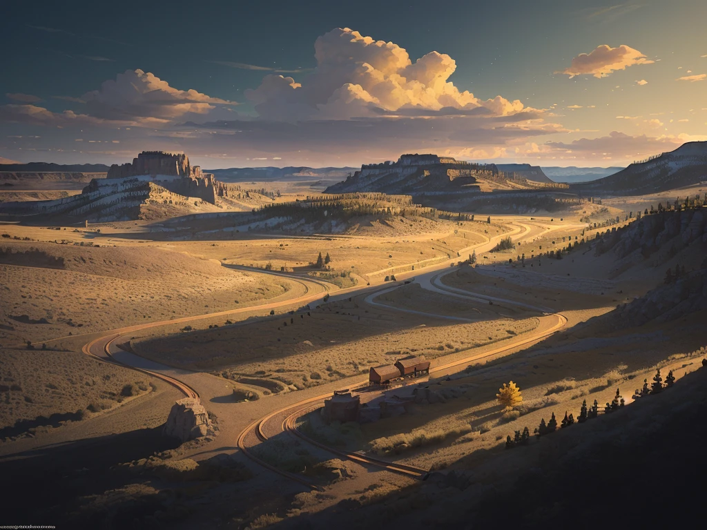 [masterpiece], a beautiful 4k image of a fantasy landscape, inspired by the rugged frontier of wyoming, a small but humble town of roughly 100 people, train tracks run through the outside of town, in the style of video game concept art, widescreen landscape image, 3840 x 2160 resolution