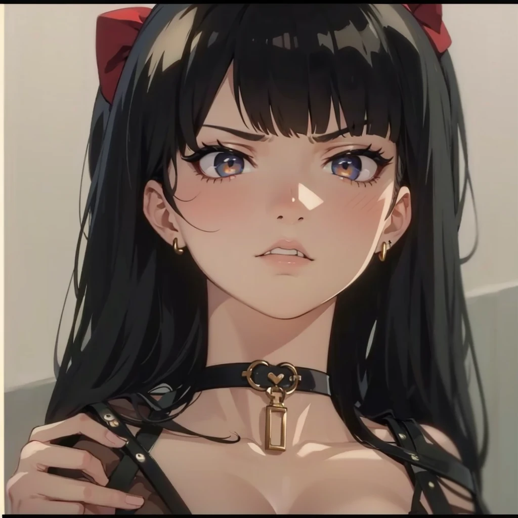 cute sexy woman, looking down on camera, choker, angry look, sealed mouth, goth outfit