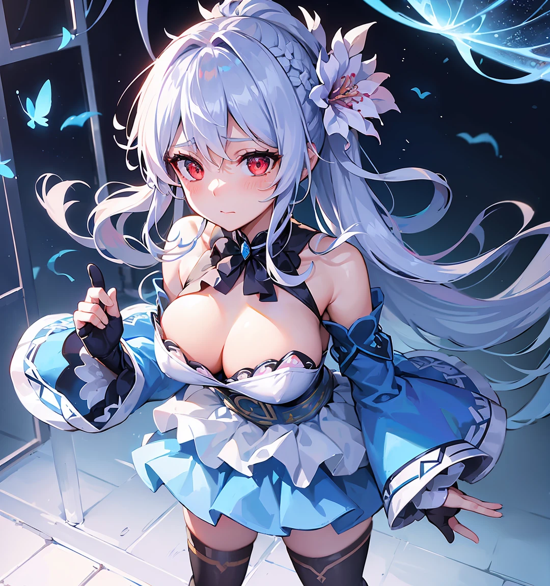 (Overhead view),dynamic angle,ultra-detailed, illustration, close-up, straight on, 1girl, (fantasy:1.4), ((red eyes)),Her eyes shone like dreamy stars,(glowing eyes:1.233),(beautiful and detailed eyes:1.1),(Silver hair:1.14),(messy hair,very long hair, ponytail hair,french braid,hair between eyes,sidelocks), (+(bule hair flower:1.14)),(chiffon dress,bule flower pattern in uniform)/=(military uniform:1.24),(detached sleeves,wide sleeves),(fingerless gloves),choker,(miko thighhighs),High heeled boots,(expressionless,closed mouth),(standing), (classical Princess boudoir with dressing tableand french windowin a white ancient palaces),(white flowers,bloom),(abysmal sea),(flowing water),(a dull blue world tree:1.14),(ruins),(night:1.2),dreamy,soul,(fluorescence),(flying translucent blue butterflies:1.15), [[delicate fingers and hands:0.55]::0.85],(detail fingers),(yubao:0.5),

