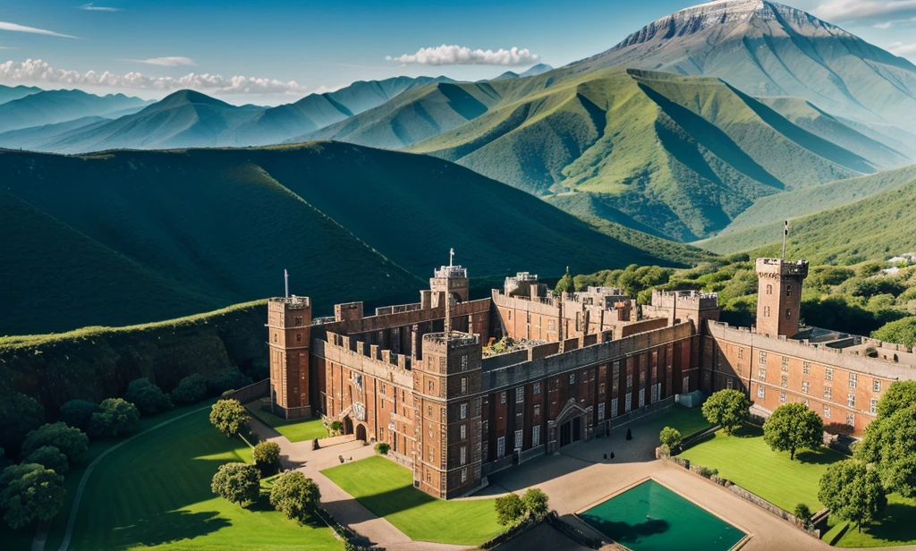 A drone view of st james palace in front of three greeny mountains