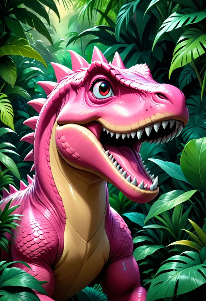 A pink dinosaur, hyperrealistic, highly detailed, intricate scales, sharp teeth, intense gaze, surrounded by lush jungle foliage, warm lighting, vibrant colors, photorealistic, 8k, best quality, masterpiece