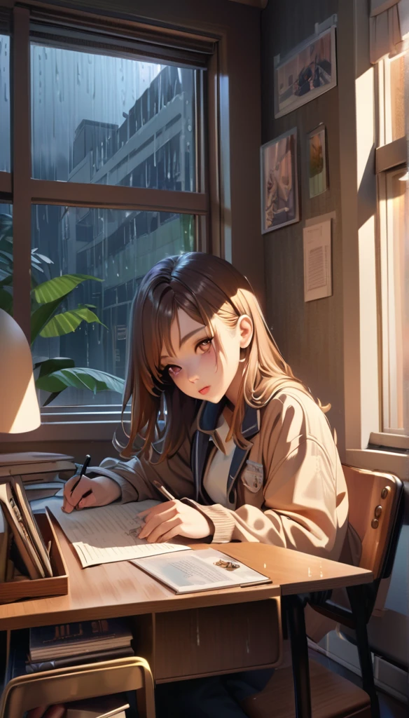 a girl studying at a desk, rain in the window, cute clothes, cozy ambiance, (best quality,4k,8k,highres,masterpiece:1.2),ultra-detailed,(realistic,photorealistic,photo-realistic:1.37),detailed face, beautiful detailed eyes, beautiful detailed lips, extremely detailed eyes and face, long eyelashes, focused expression, indoor setting, warm lighting, window view, rainy day, study room, desk, books, warm colors, soft lighting