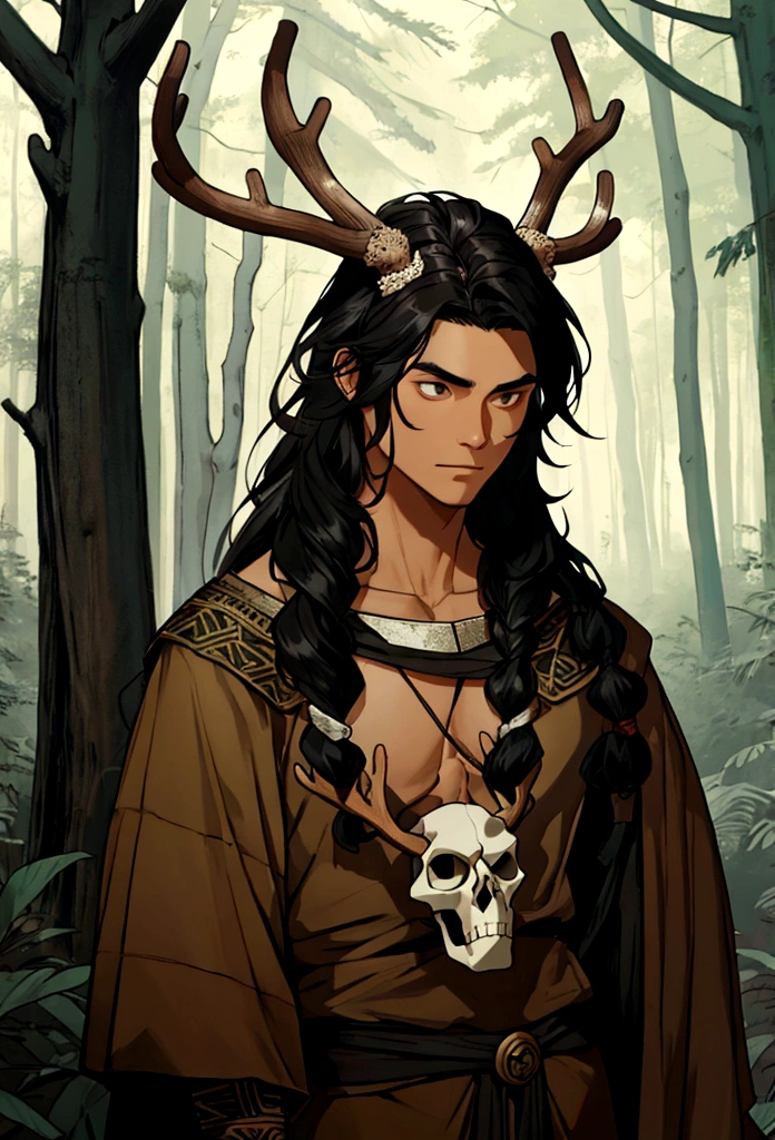 a black haired tribal man with a deer skull over his head in the woods