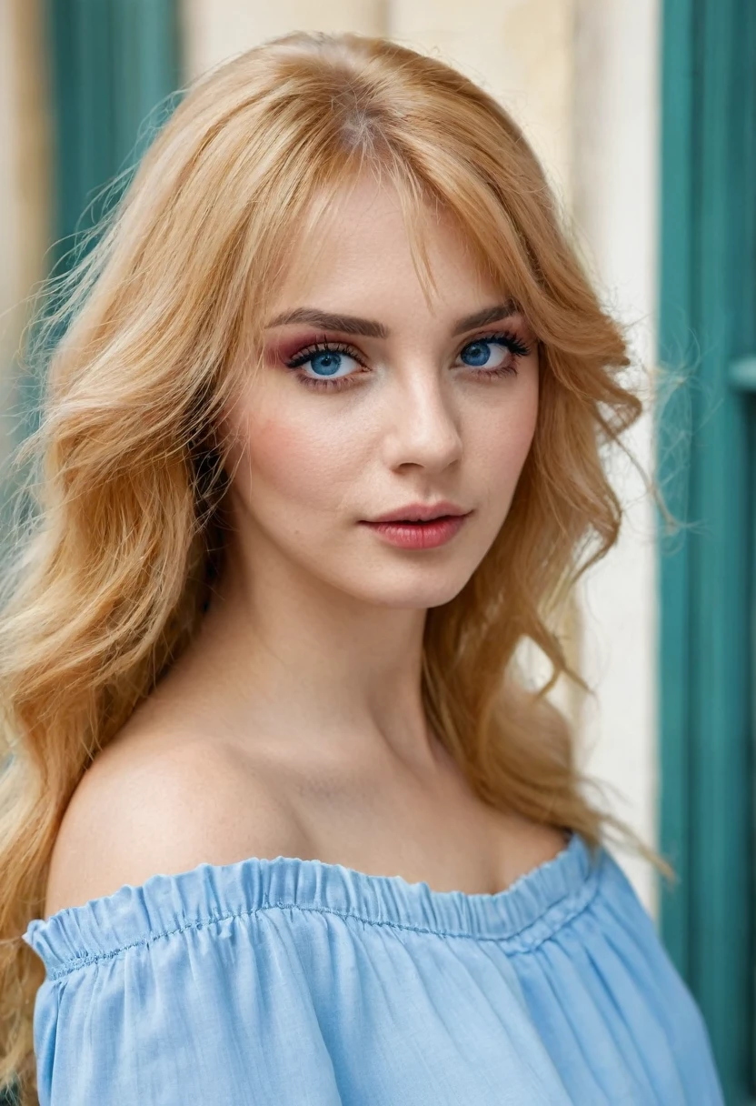 a woman with beautifull strowberry blond hair , eyes blue , stand in france balcon