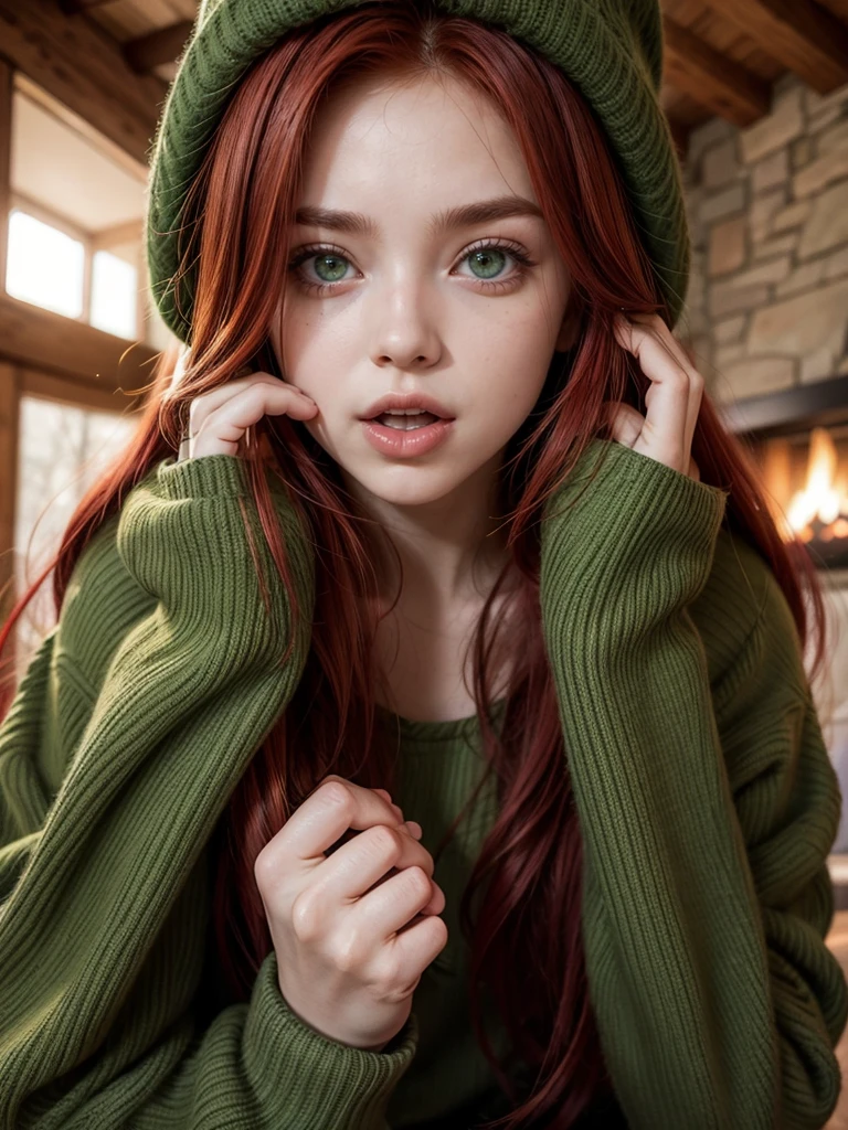 Hot girl, red hair, green eyes, winter clothes, licking your own fingers