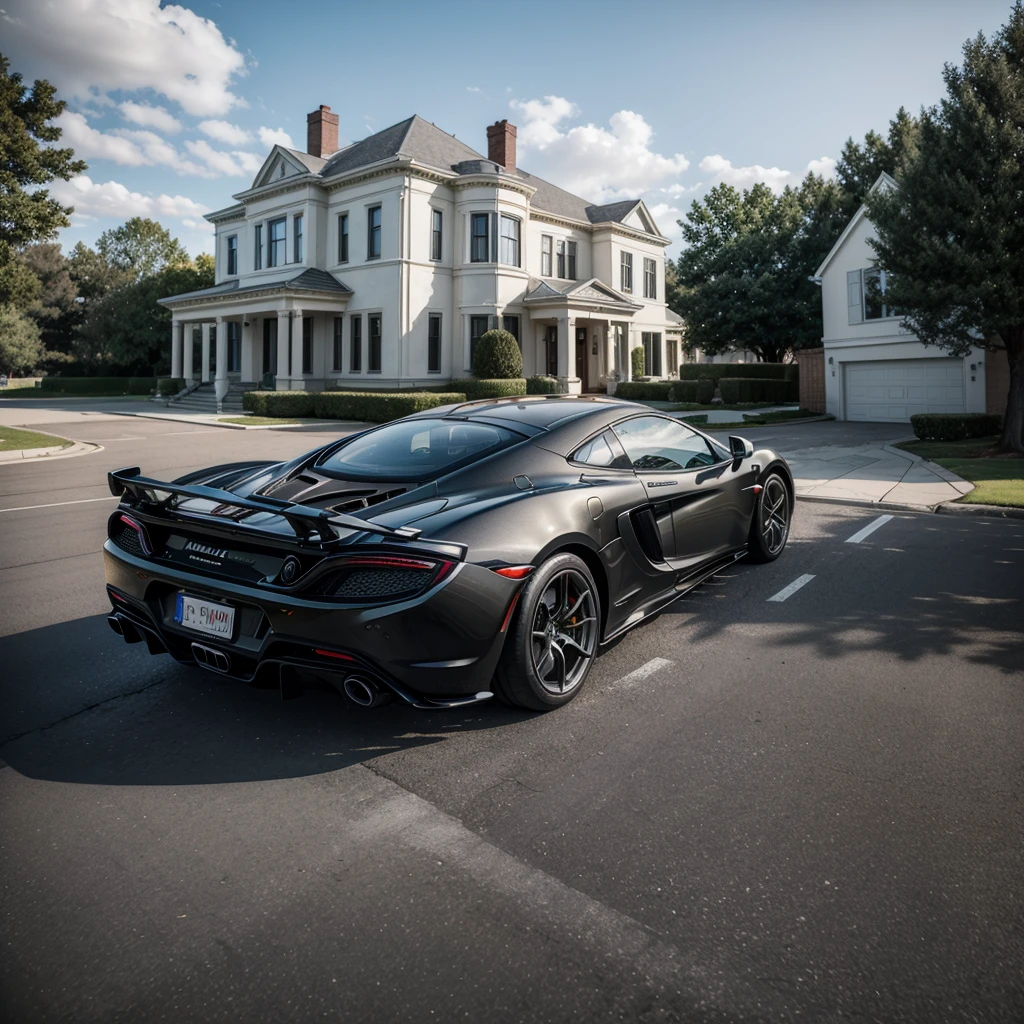 Take a super realistic photo where a white mansion appears, On the sidewalk put a matte black McLaren 