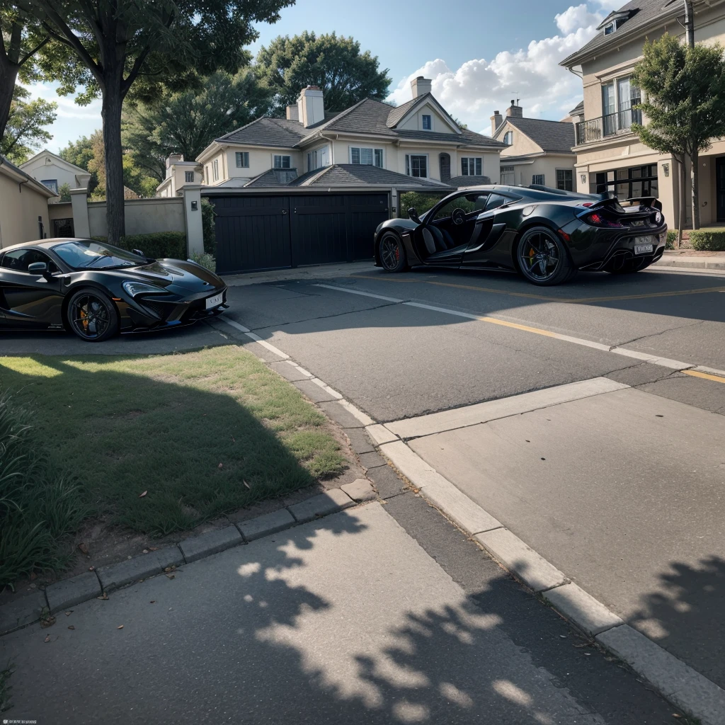 Take a super realistic photo where a white mansion appears, On the sidewalk put a matte black McLaren