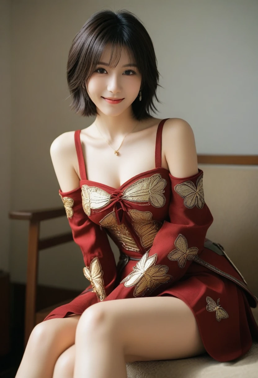 8K, Ultra-high resolution, Highest quality, masterpiece, 三分割法によるphotograph,Surreal, photograph, 1 Girl, (16 years old:1.3), pretty girl, Cute face, Beautiful eyes in every detail, 細かくdetailedに,masterpiece,, One Girl:1.2, Japan Female Announcer,whole body,{{{Browsing Caution:1.5}}},{{{Grab your chest:1.5}}},{{{Browsing Caution:1.5}}},{Highest quality}, {Very beautiful}, {非常にdetailedな}, {The best An illustration}, masterpiece,{{{Skirt flip:1.5}}},((Showing off butterfly micro pants)),((Holy Knight)), ((Red Copper Armor))、((((Extremely detailed and intricately decorated armor:1.1)))),Red Cowboy Shot,smooth udder 、(Golden Ratio,Tabletop, colorful,最高のdetailed,An illustration, Great scene, (Adult,16 years old,One Girl, alone, Final Fantasy 12,Asheria:1.5, Asheria:1.5, Asheria:1.5, short hair, short hair,Bobcut,Black Hair:1.2, mini skirt,Knee socks, Thighs Thighs Thighs Thighs, Sensual,A carefree smile,Heal the heart,Black Hair,Short Bob,Looking at the audience、beauty,Long neck、Laugh a little、Please close your mouth and laugh、(((Ideal body type))),A cup small breasts :2,、Portraiture:2、Perfect Anatomy、鮮明なdetailed、detailed、Surreal、Light and shadow,Strong light 