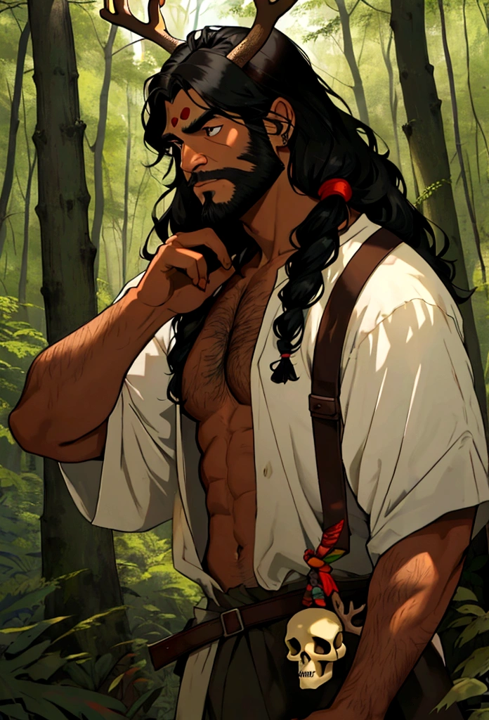 a black haired tribal caveman man with a deer skull over his head in the woods