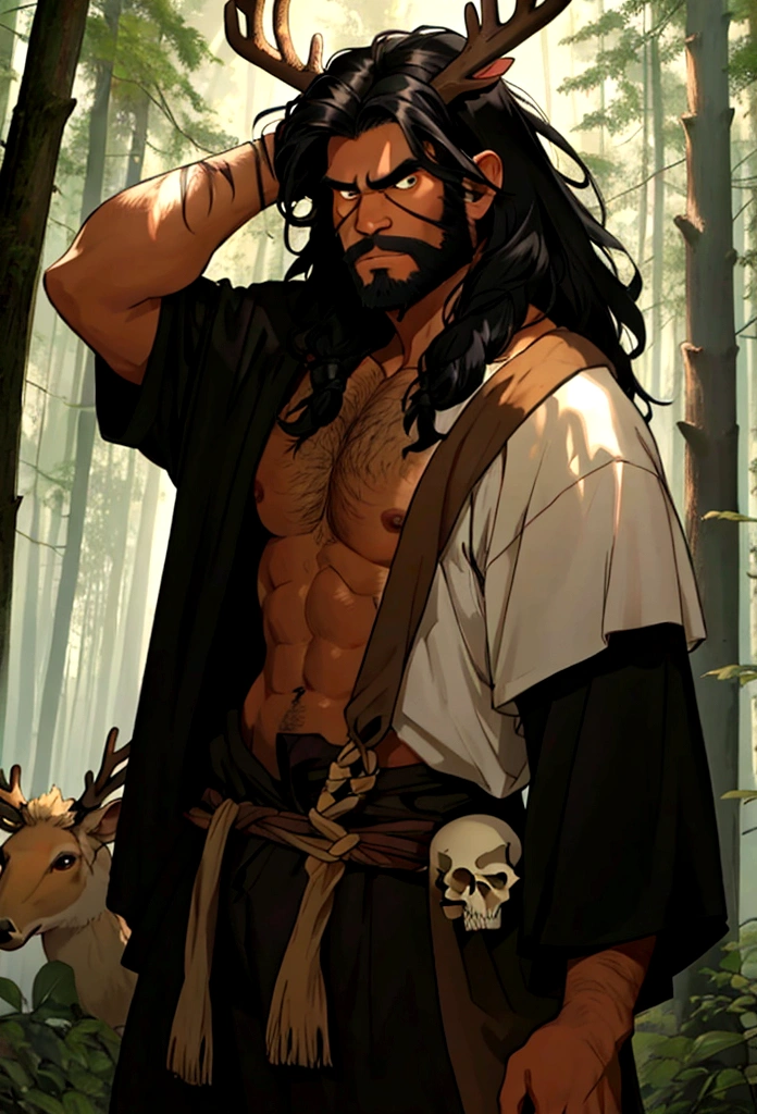 a black haired tribal caveman man with a deer skull over his head in the woods