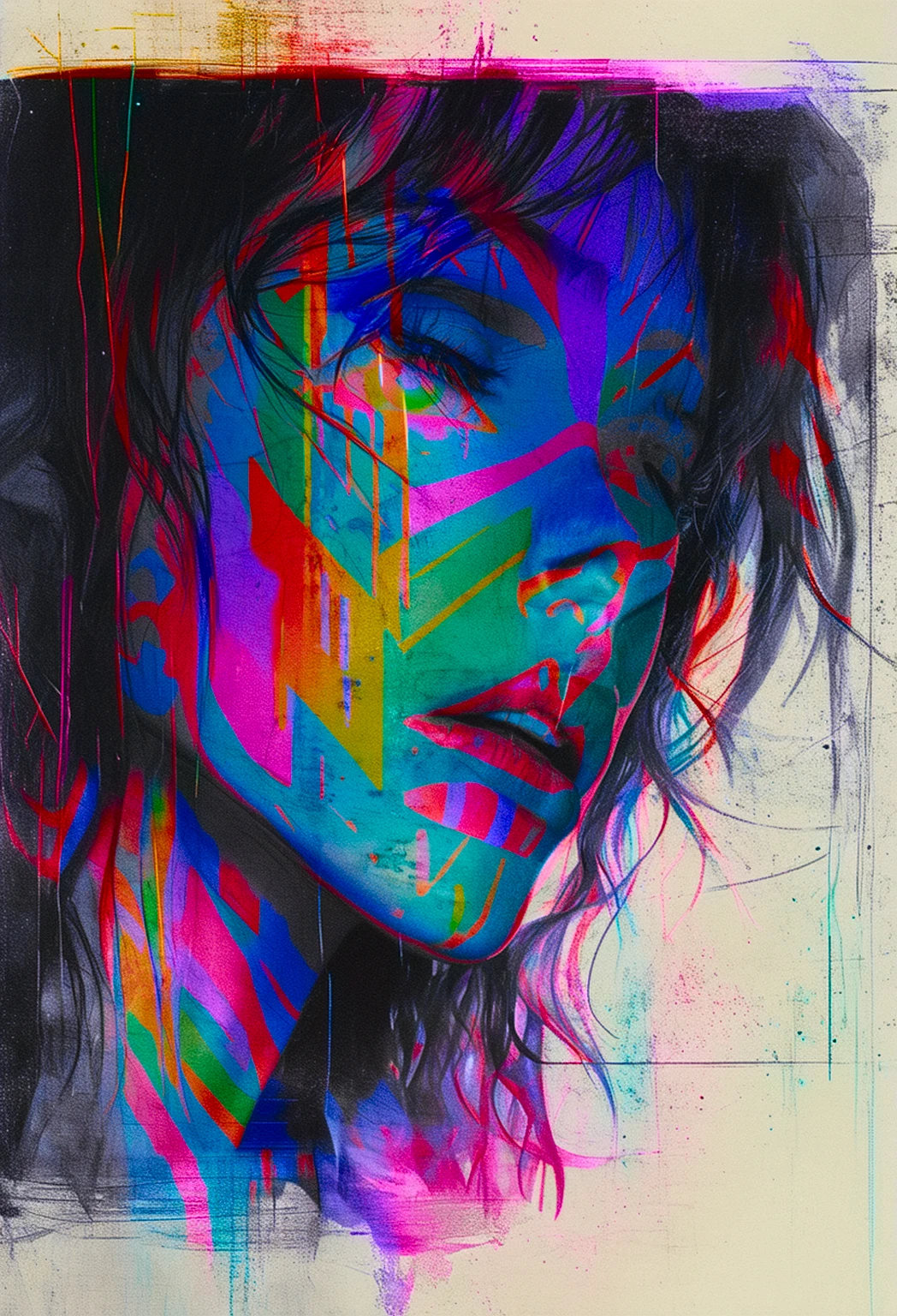 Twin Peaks, Shelley, unseen overwhelming maximal sorrow, VHS, glitch, distorted, nostalgia, 90's retro vibes, analog tape, vcr aesthetics, tv, television, hand drawn, (full roygbiv color) ink charcoal expressive illustration, no light source, darkness, light mask uv rays across face,