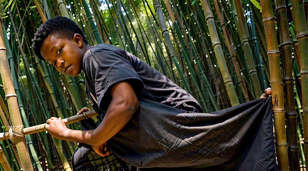 Image of a black teenager,  - wearing a dark gray long-sleeved shirt, short curly hair - long pants, straw sandals - stretching on a mat made of bamboo leaves - wakes up startled by, looking in profile at the bamboo grove, image of the bamboo grove - Image of him getting up from the straw mat - wakes up early in the morning -