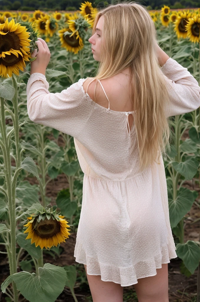 A 18-year-old blonde woman, ((hiperrealismo))textured skin, goosebumps, perfect eyes. Blonde hair with light brown roots. cabello rubio, Hair with brown roots, extra long hair, really long hair. photo taken with iPhone, Porta 160 color. Provocative pose. Skinny  girl. Sunflowers field background, but sunflowers. Wearing pretty white nightgown, wearing white nightgown, long sleeves. Back view of the body and head, as she watches the pink sunset. Pink sunset BACK VIEW