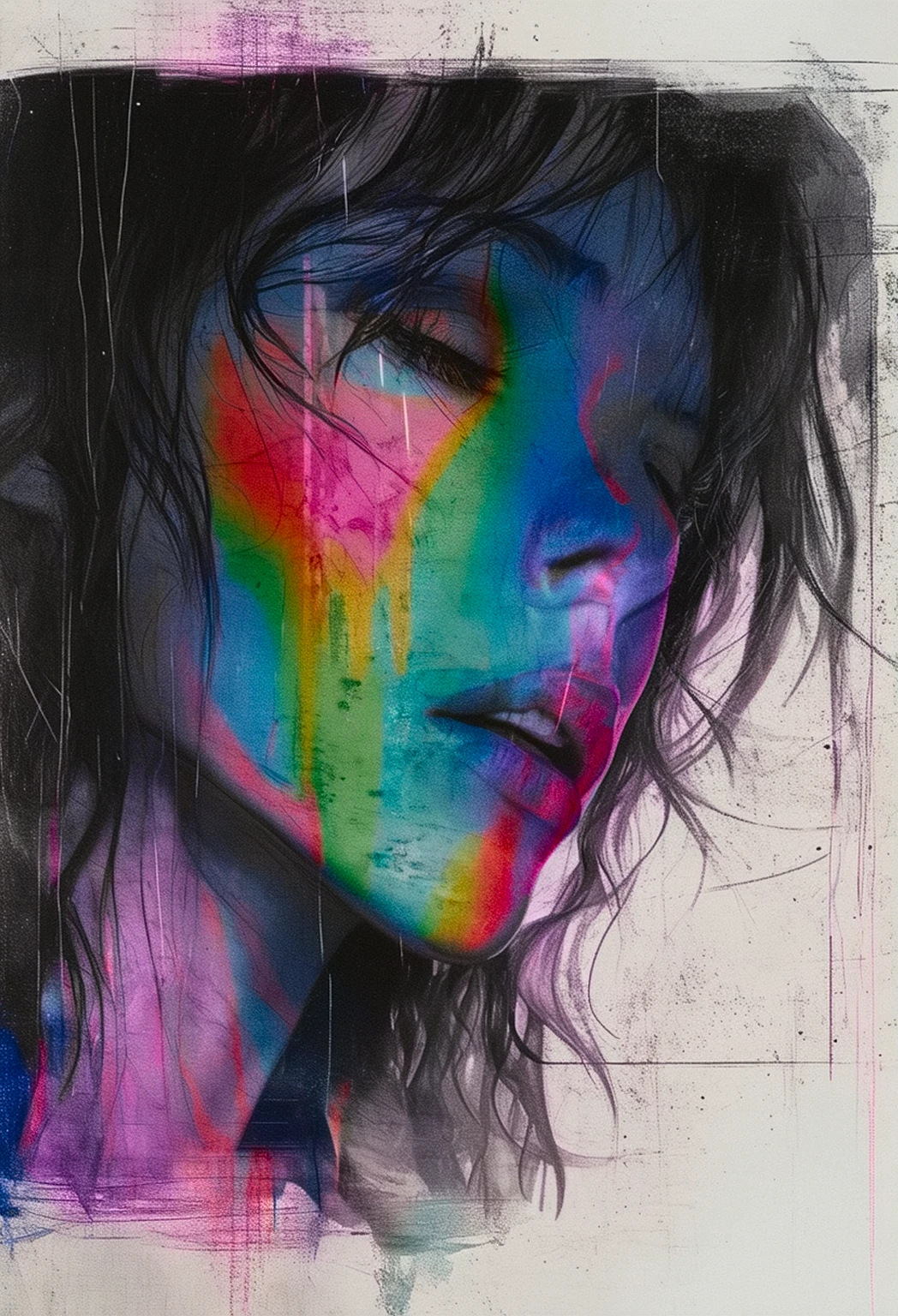 Twin Peaks, Shelley, unseen overwhelming maximal sorrow, VHS, glitch, distorted, nostalgia, 90's retro vibes, og tape, vcr aesthetics, tv, television, hand drawn, (full roygbiv color) ink charcoal expressive illustration, no light source, darkness, light mask uv rays across face,