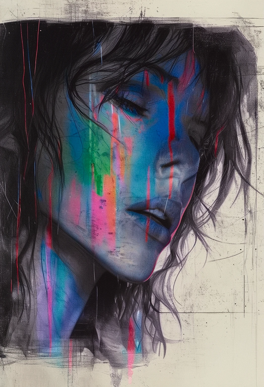 Twin Peaks, Shelley, unseen overwhelming maximal sorrow, VHS, glitch, distorted, nostalgia, 90's retro vibes, analog tape, vcr aesthetics, tv, television, hand drawn, (full roygbiv color) ink charcoal expressive illustration, no light source, darkness, light mask uv rays across face,