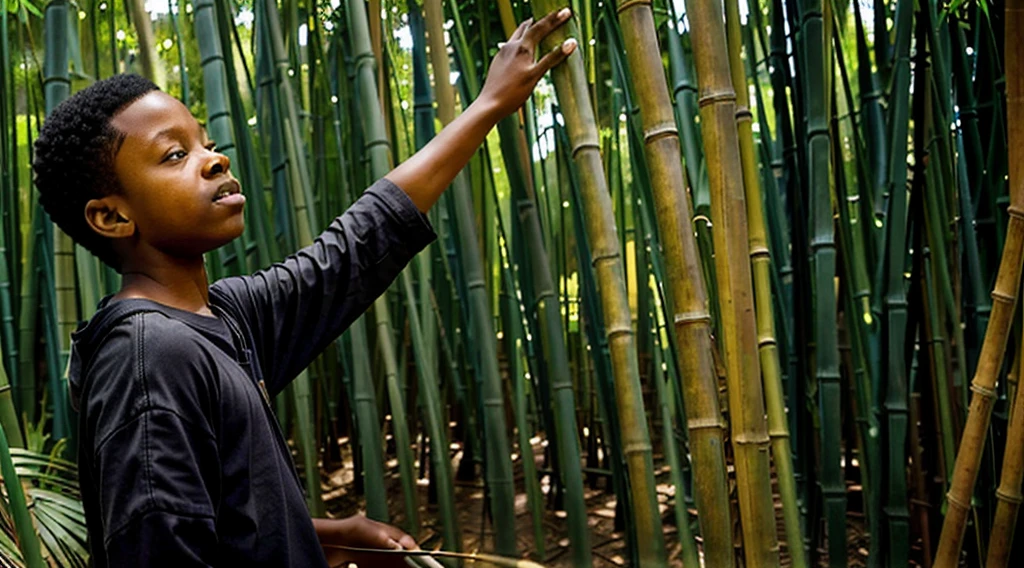 Image of a black teenager, 12 years old - wearing a dark gray long-sleeved shirt, short curly hair - long pants, straw sandals - stretching on a mat made of bamboo leaves - wakes up startled by, looking in profile at the bamboo grove, image of the bamboo grove - Image of him getting up from the straw mat - wakes up early in the morning -