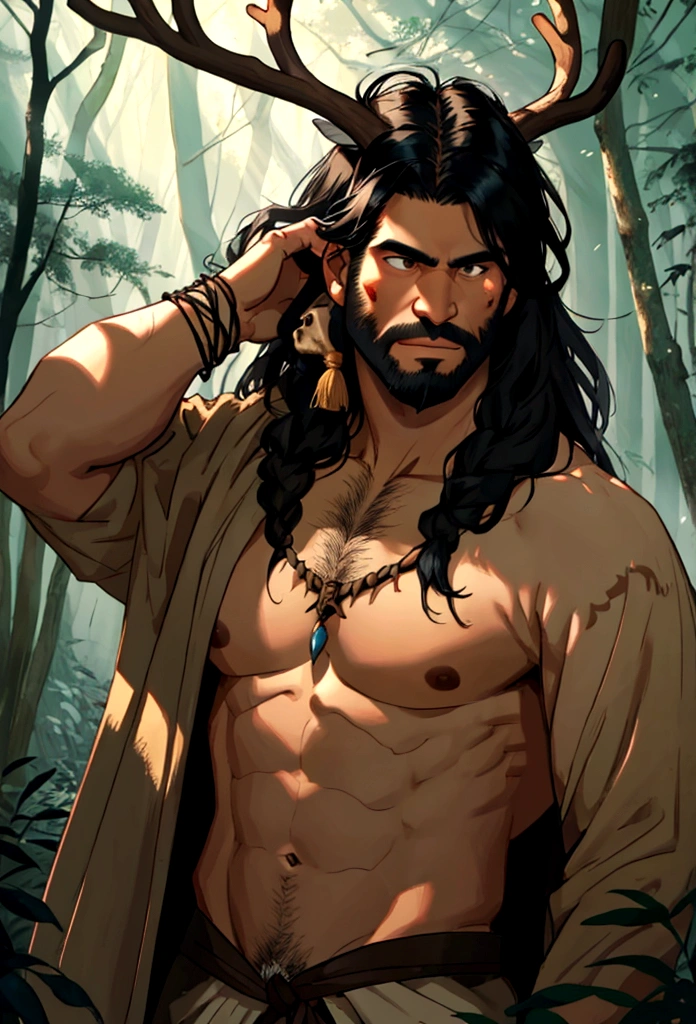 a black haired tribal caveman man with a deer skull over his head in the woods