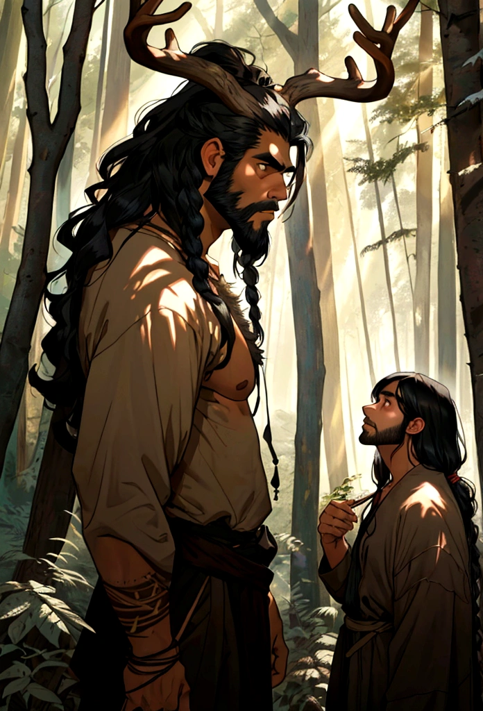 a black haired tribal caveman man with a deer skull over his head in the woods