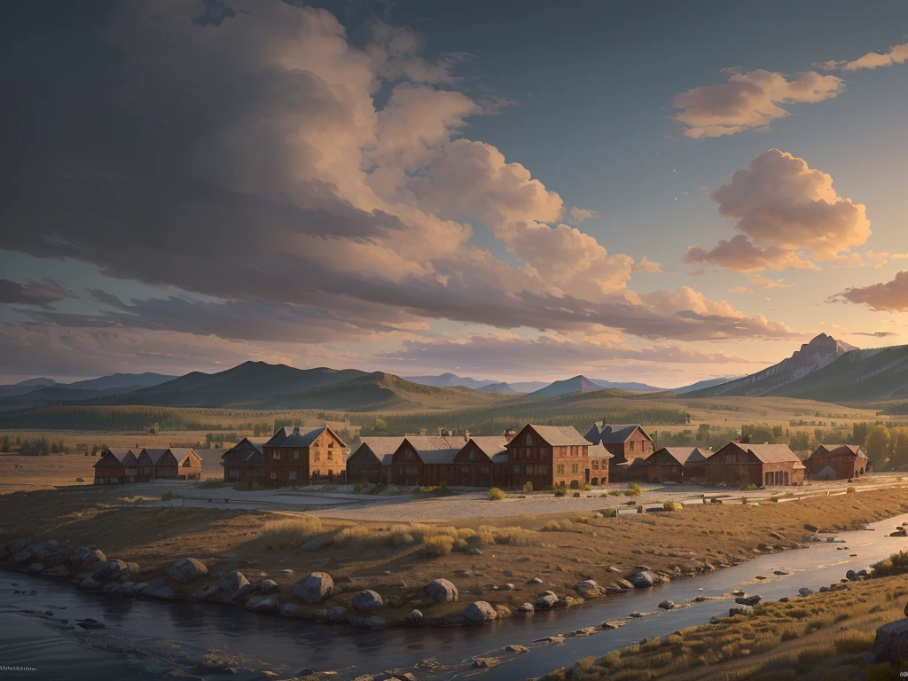[masterpiece], a beautiful 4k image of a fantasy landscape, inspired by the rugged frontier of wyoming, a humble town of roughly 100 people, a dozen buildings including an old west style saloon and town hall, train tracks run through the outside of town from north to south along a river, in the style of video game concept art, widescreen landscape image, 3840 x 2160 resolution